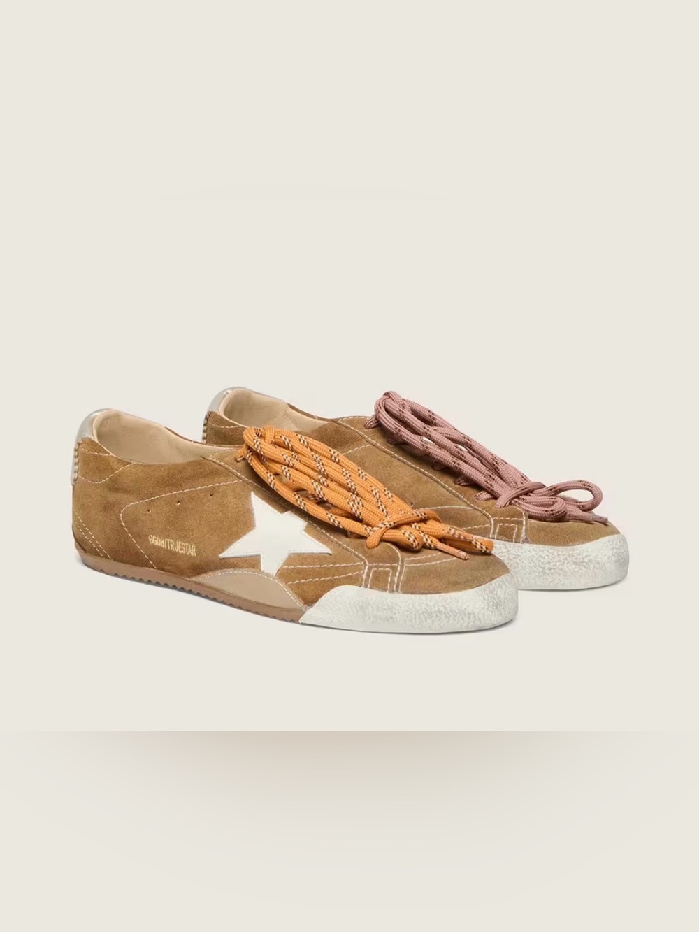 Golden Goose Style Brown Suede Star Sneakers with Pink and Orange Laces